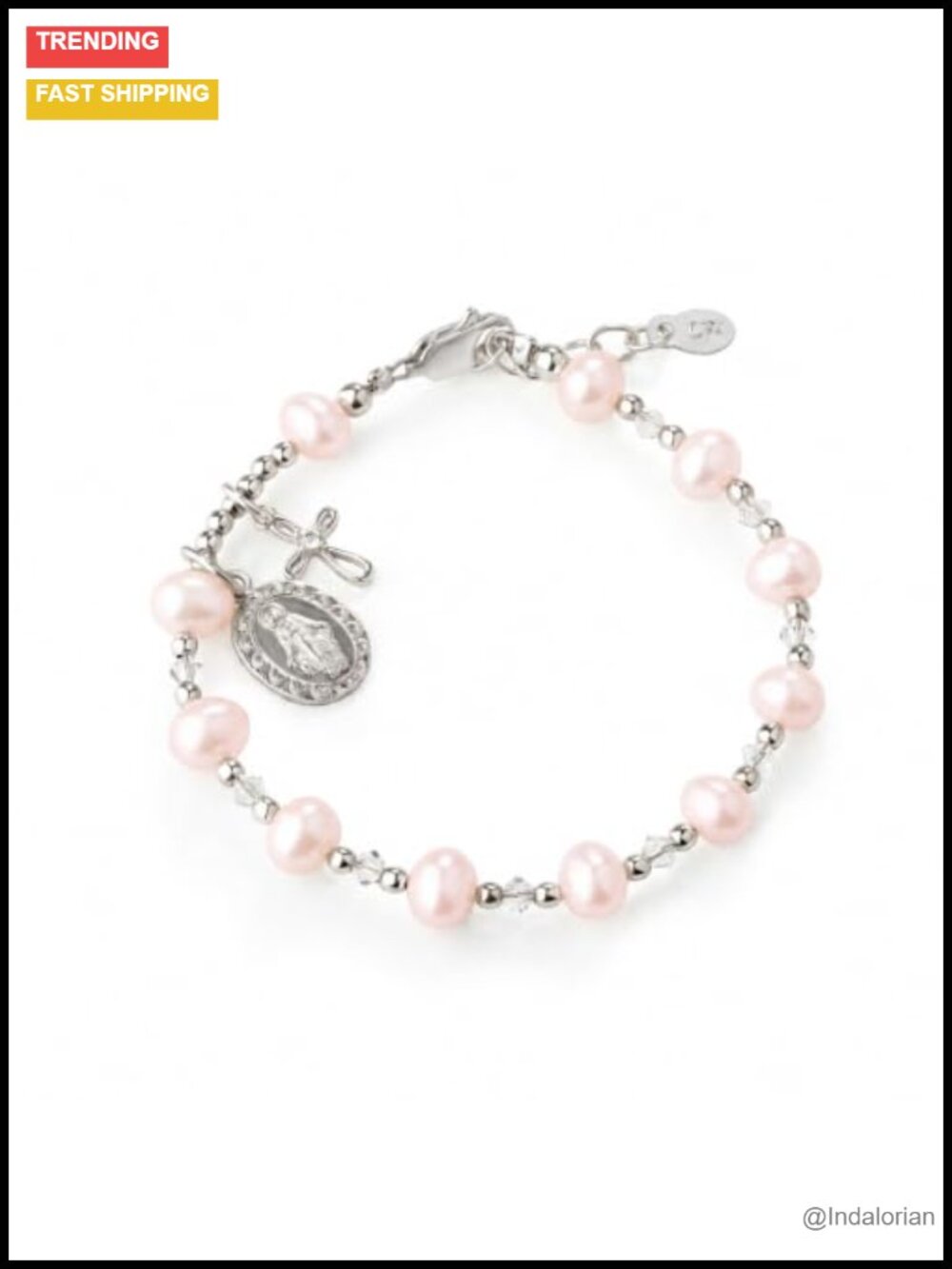 Kids Rosary Bracelet Sterling Silver 925 First Communion Gift Pink Pearls